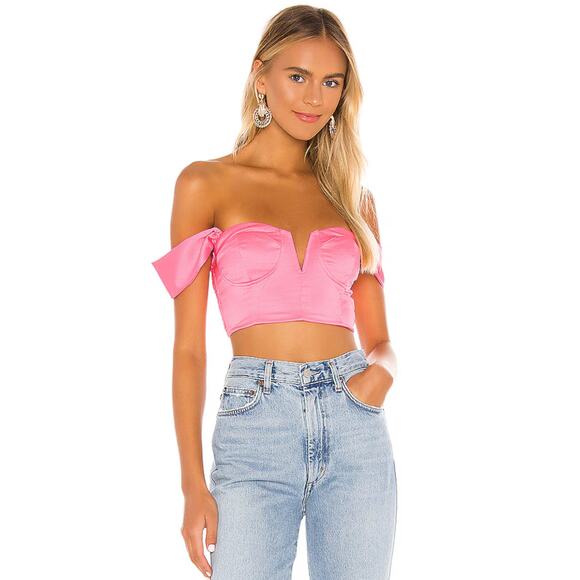 Superdown Tops - Superdown Coralia Bustier Pink Satin Off Shoulder Crop Top Medium